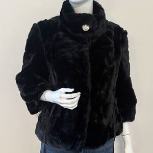 Le Group Woman Vintage Y2K Euro Brand Black Faux Fur Coat w Rhinestone Button